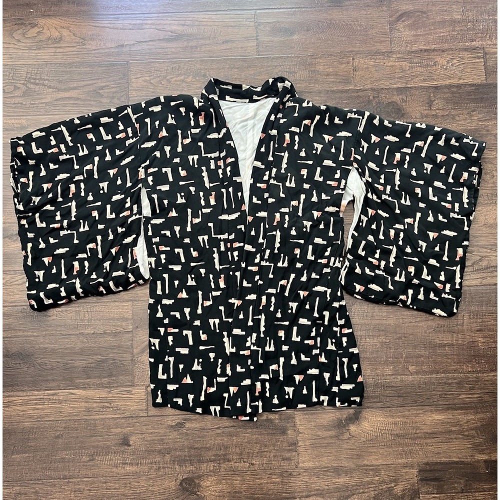Vintage Japanese Kimono Haori Jacket Silk Black All Over Print Lined Womens Mens